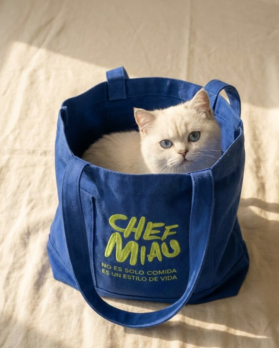 Gata dentro de una tote bag azul de Chef Miau