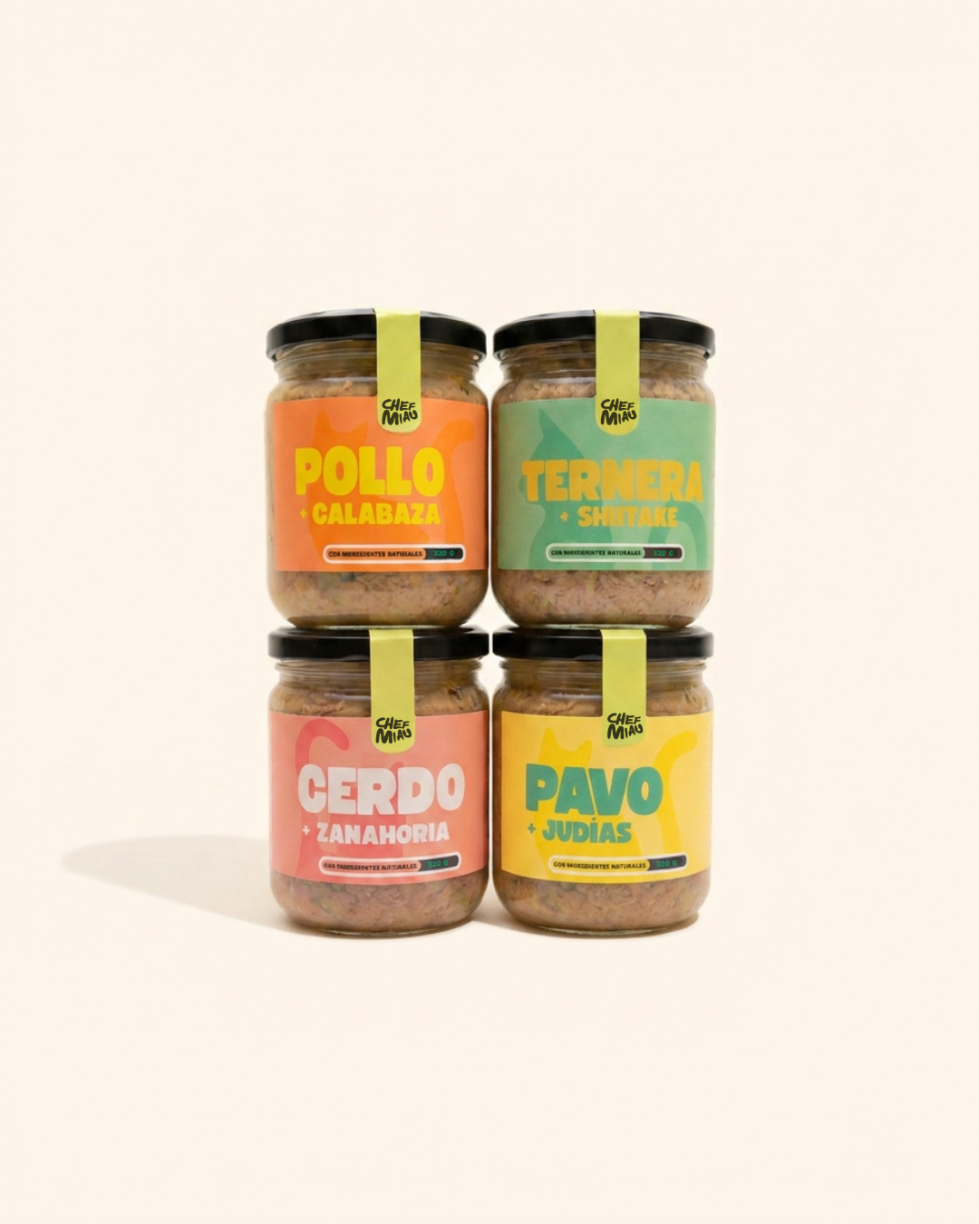 Las cuatro recetas de Chef Miau en tarros de cristal de 320 g