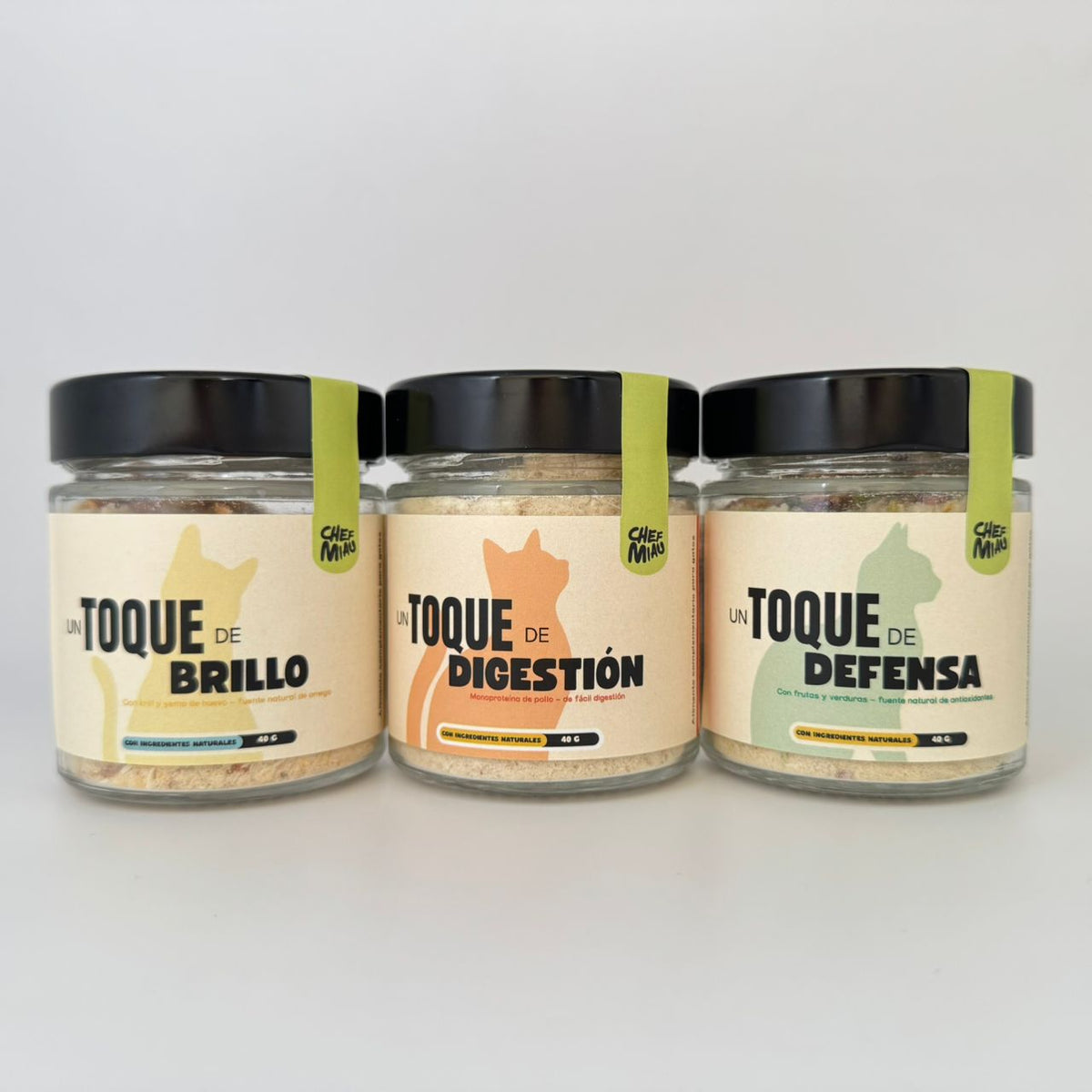 Los tres toppers Chef Miau: Brillo, Digestión y Defensa